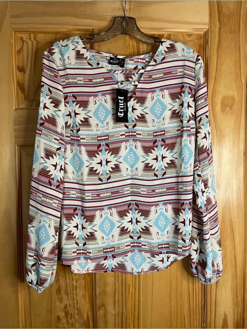 Cruel Girl White, Light Blue & Maroon Aztec Print Long-Sleeve Blouse